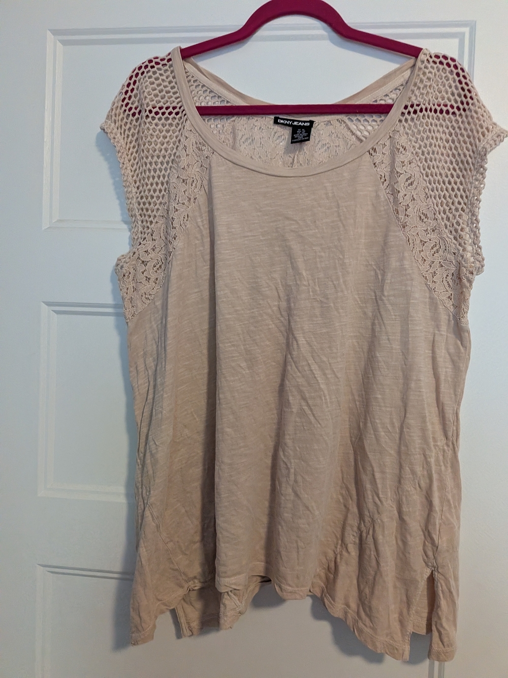 VINTAGE DKNY Women's Cream Lace-Trim Cap Sleeve Top